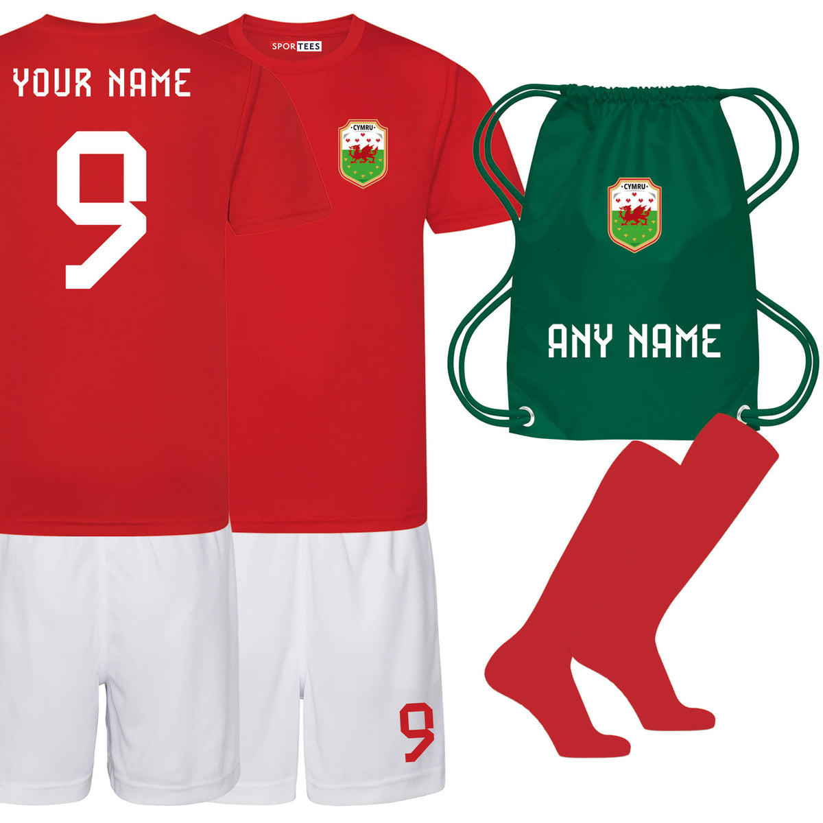 Personalised Wales World Cup Style Red &amp; White Home Bundle With Socks &amp; Bag