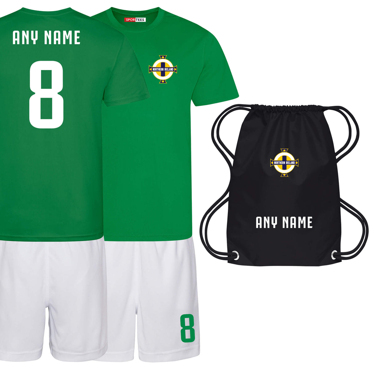 Personalised Northern Ireland Style Green &amp; White Home Kit With Bag
