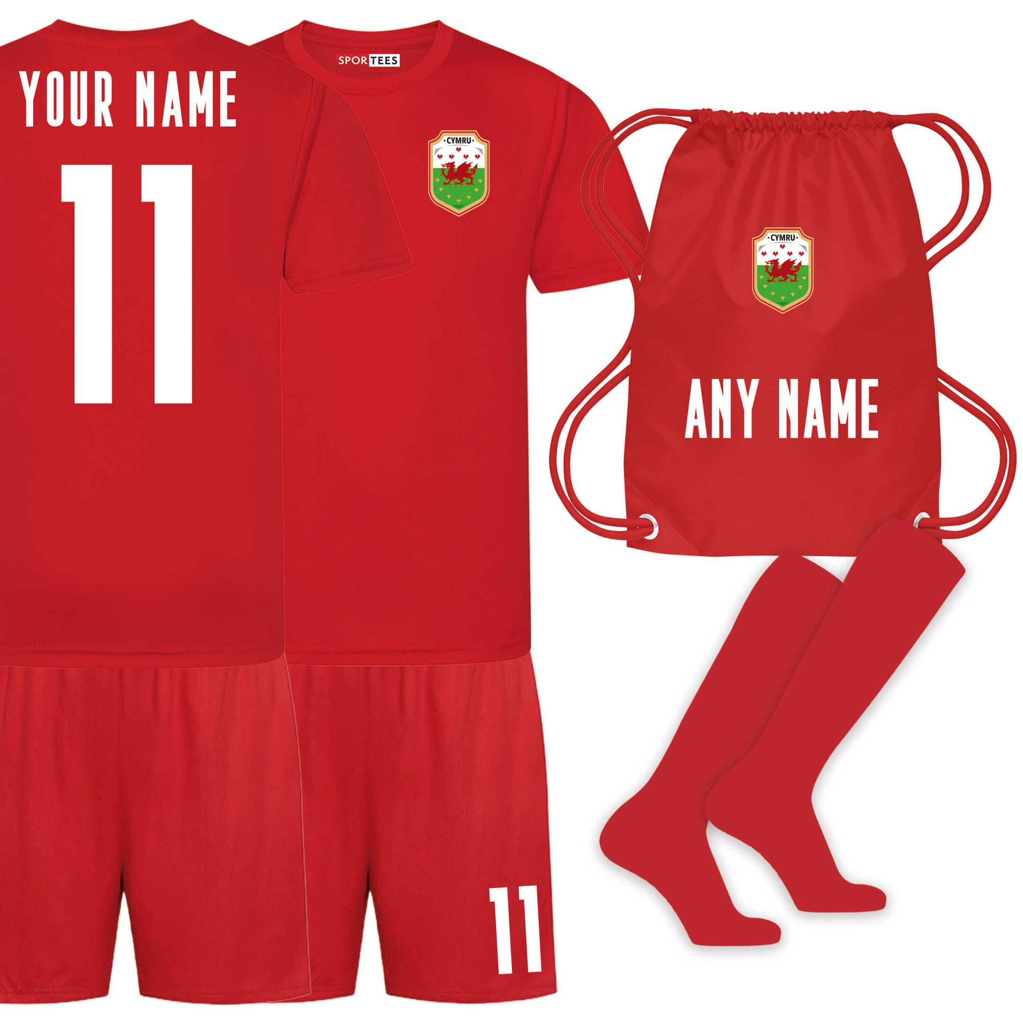 Personalised Wales Style All Red Home Bundle With Socks & Bag