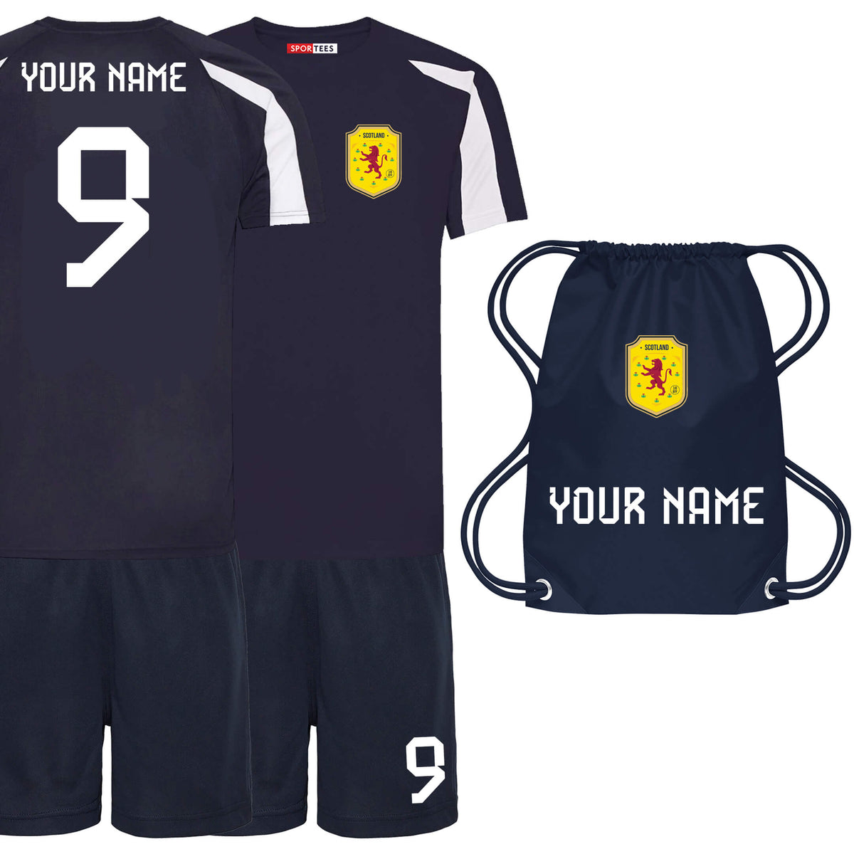 Personalised Scotland Style Navy &amp; White Contrast Home Kit With Bag