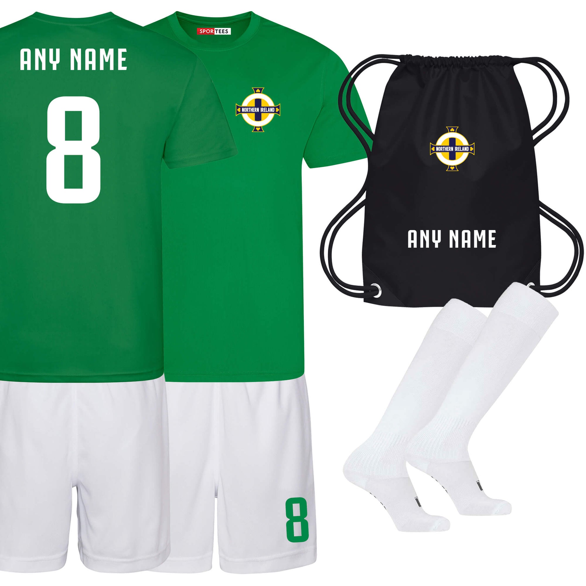 Personalised Northern Ireland Style Green & White Bundle With Socks & Bag