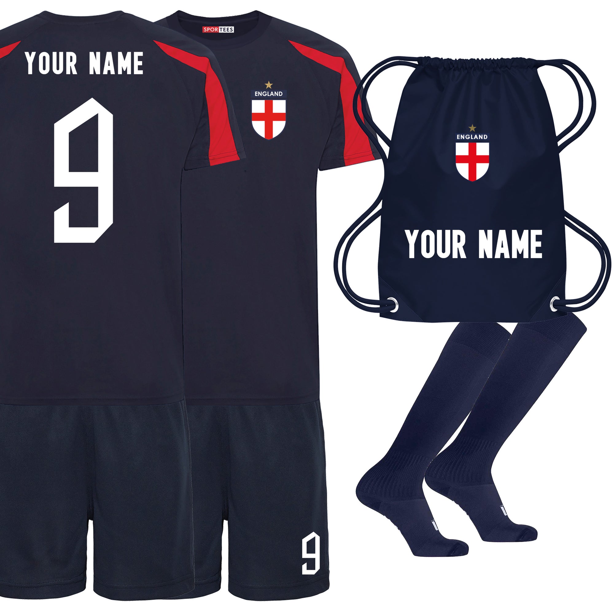 England Style Personalised Contrast Navy & Red Bundle With Socks & Bag