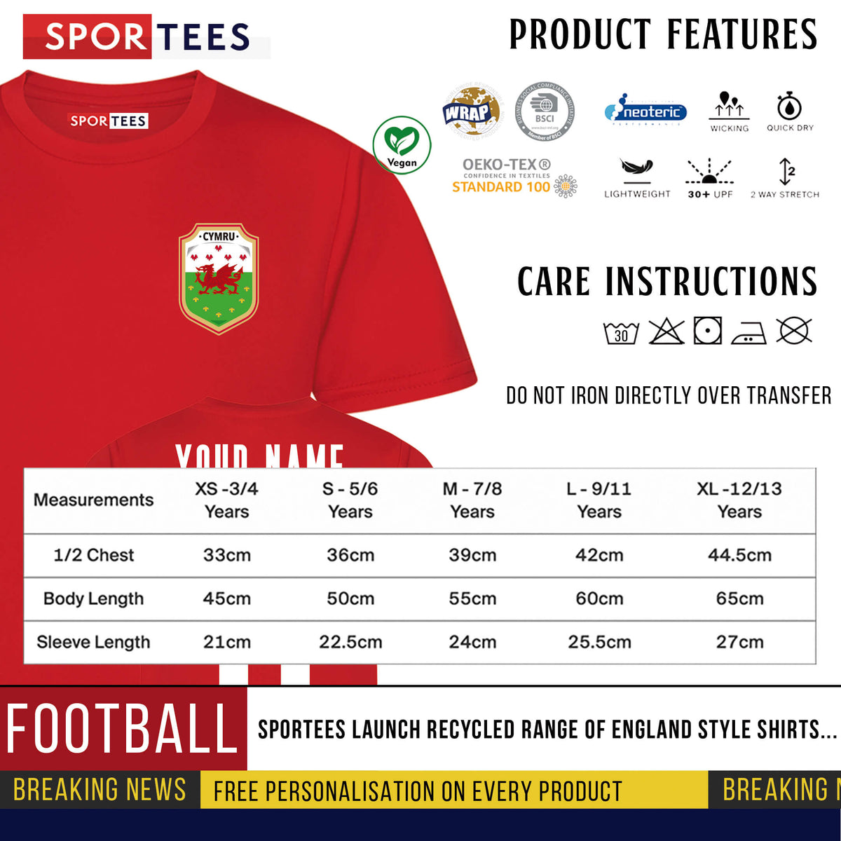 Personalised Childrens Wales Style Red Home Shirt