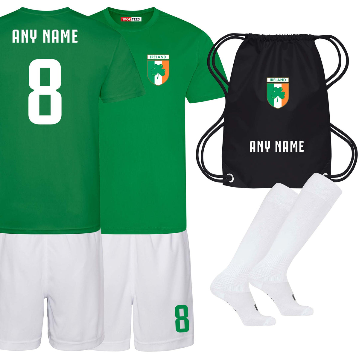 Personalised Ireland Style Green &amp; White Bundle With Socks &amp; Bag