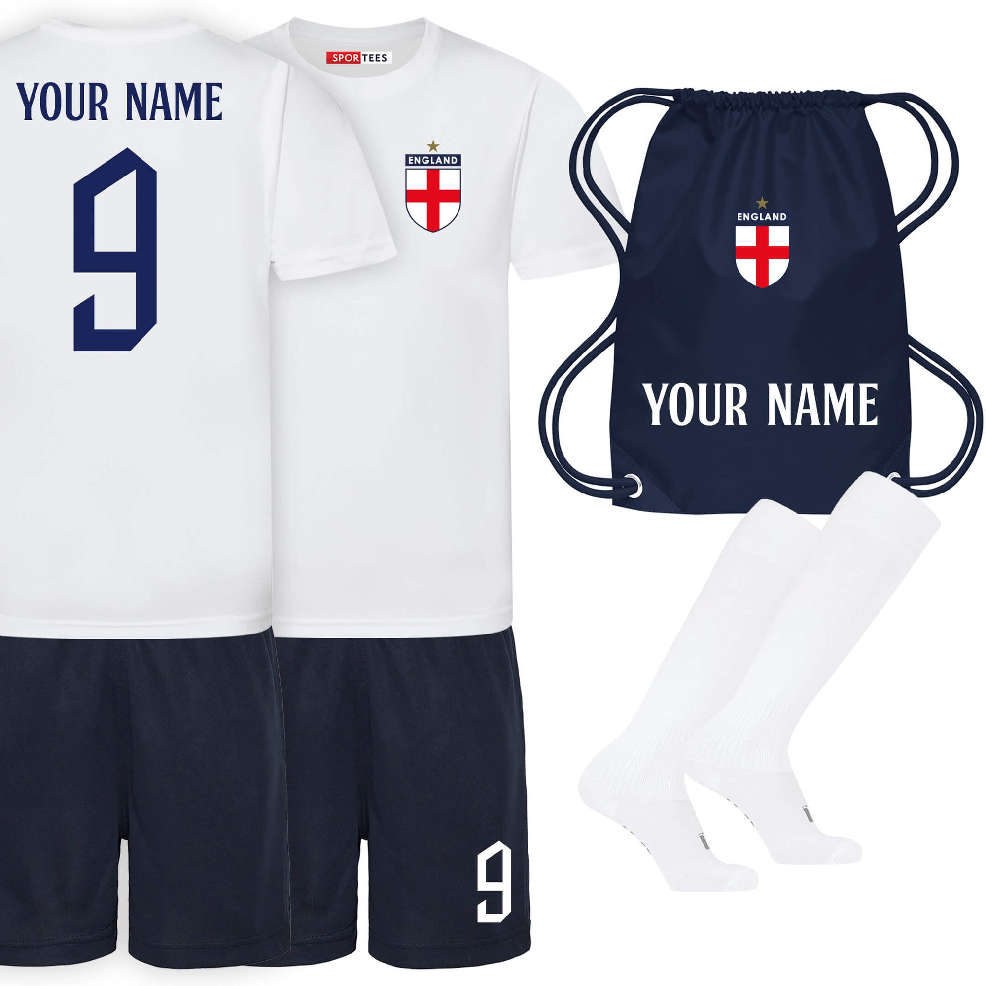 Personalised England Cup Style White & Navy Bundle With Socks & Bag
