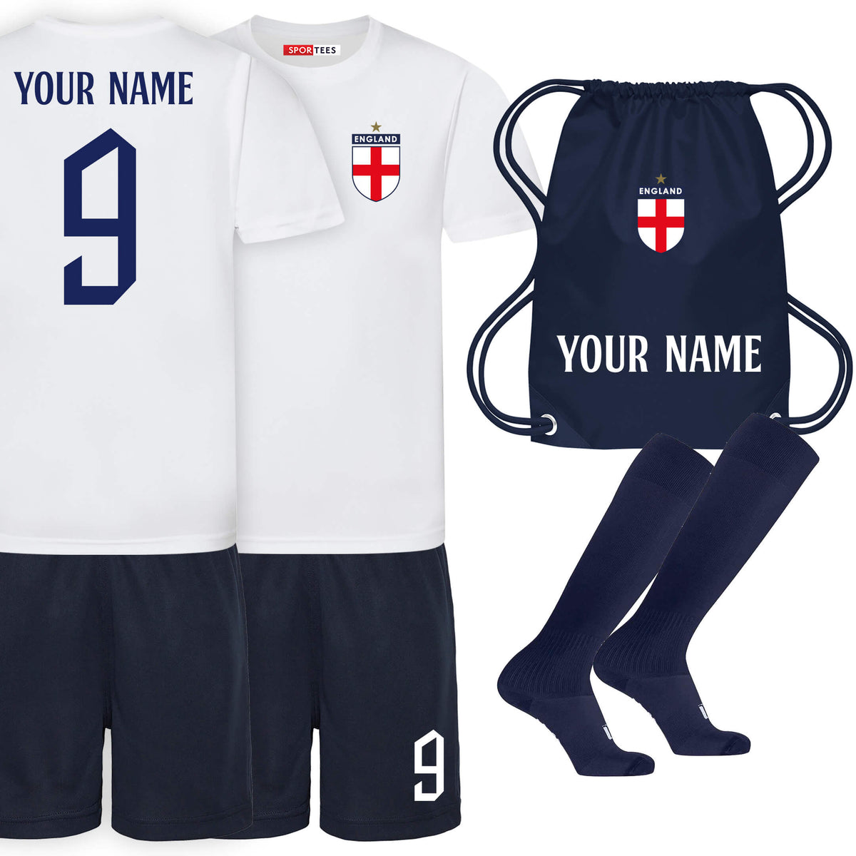 Personalised England Cup Style White &amp; Navy Bundle With Socks &amp; Bag
