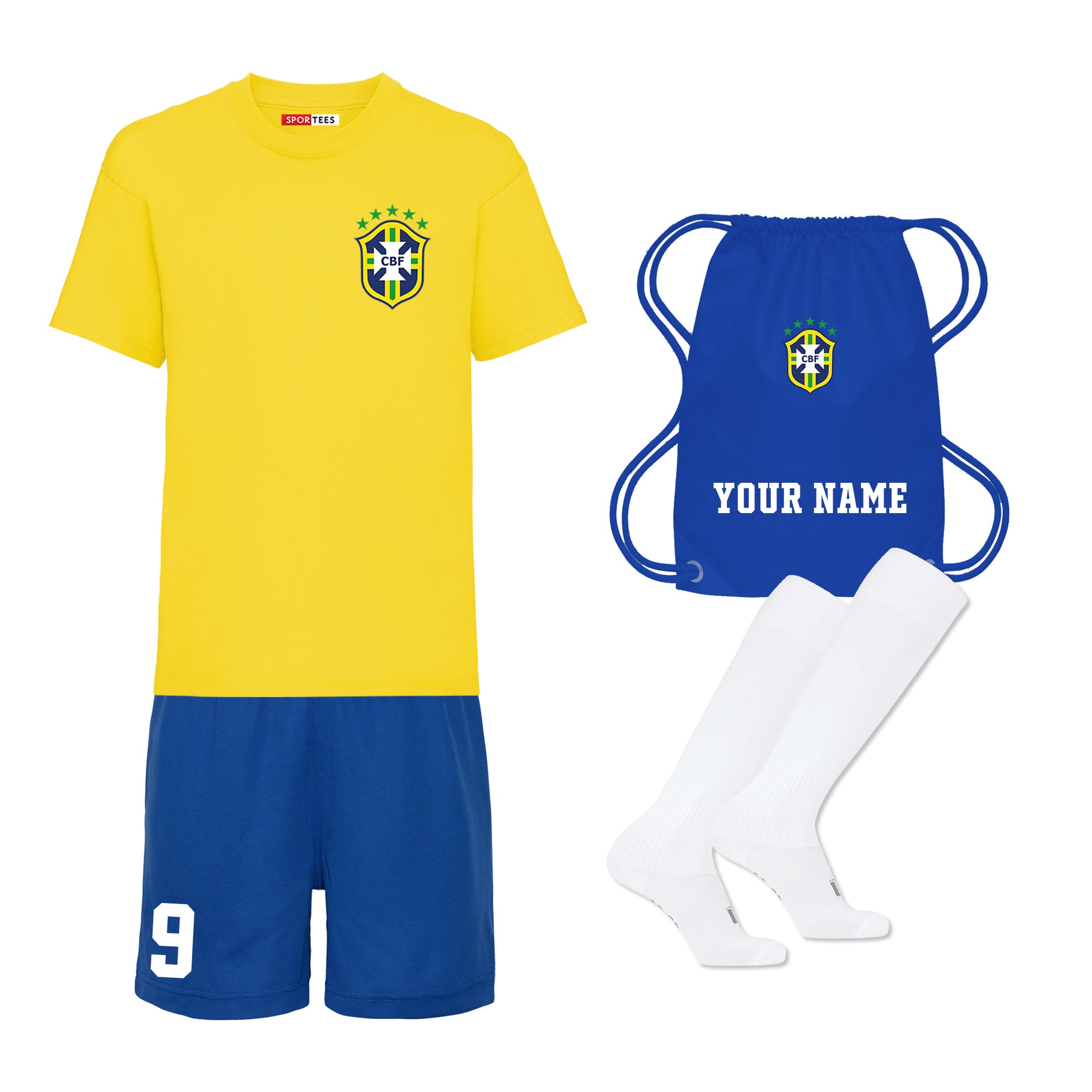 Personalised Brazil Style Yellow & Blue Bundle With Socks & Bag
