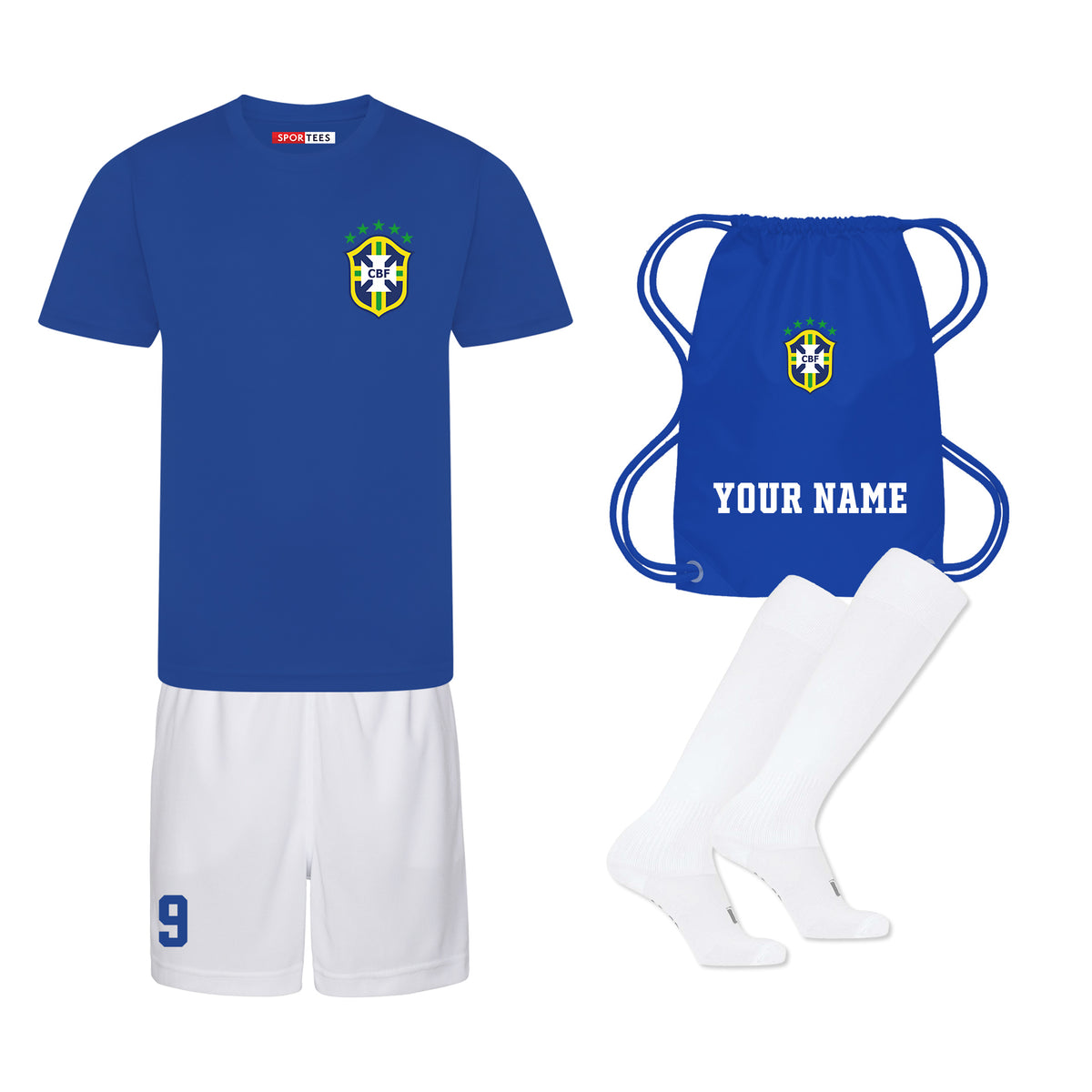 Personalised Brazil Style Blue &amp; White Away Bundle With Socks &amp; Bag