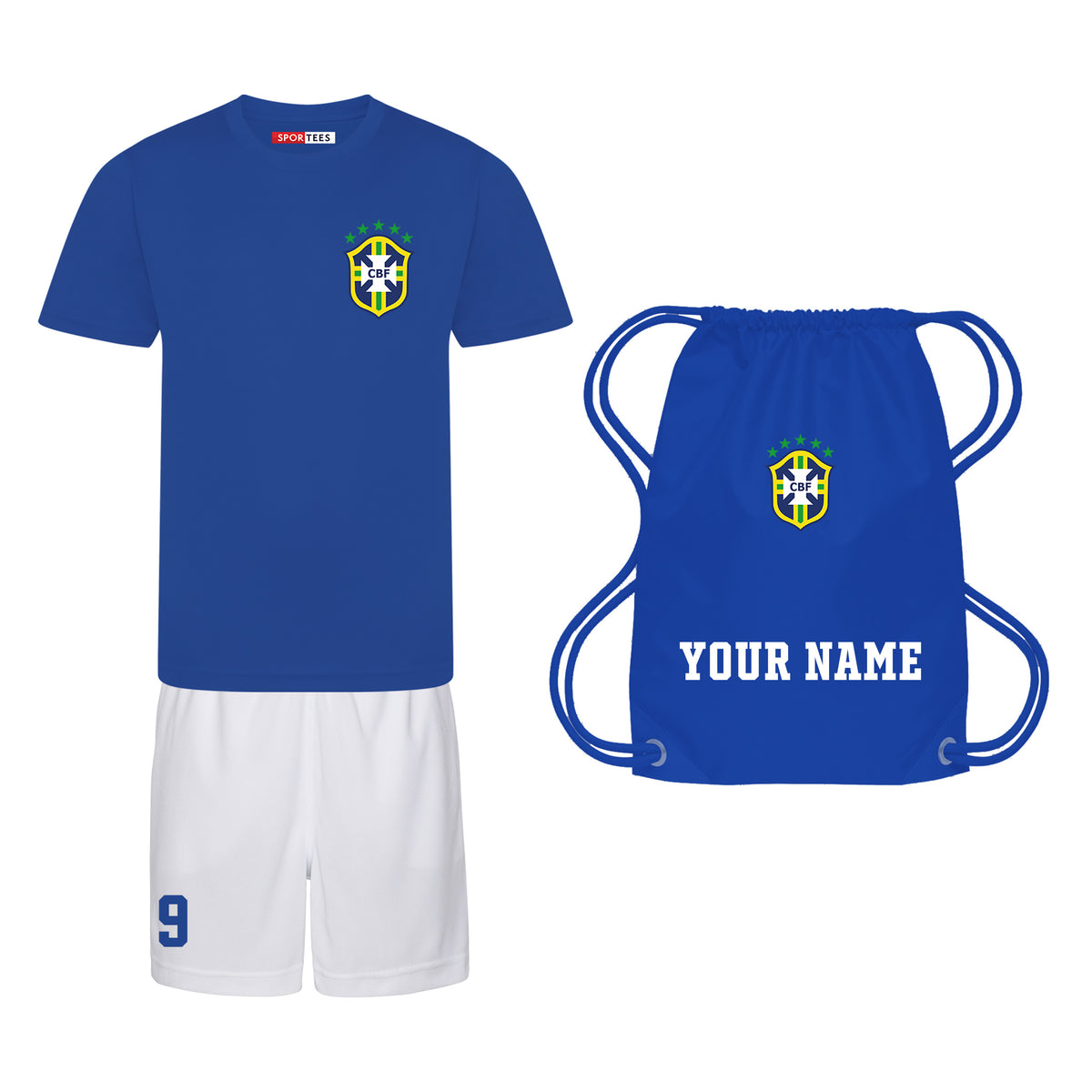 Personalised Brazil Style Blue &amp; White Away Kit With Bag