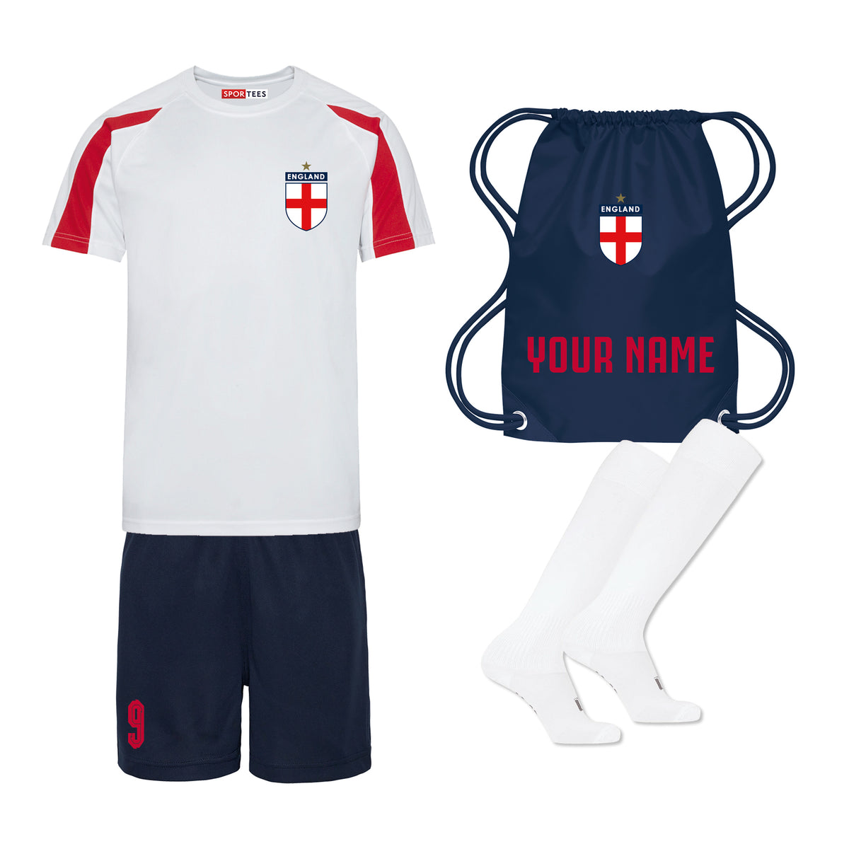 Personalised England Style Contrast Red, White &amp; Blue Bundle With Socks &amp; Bag