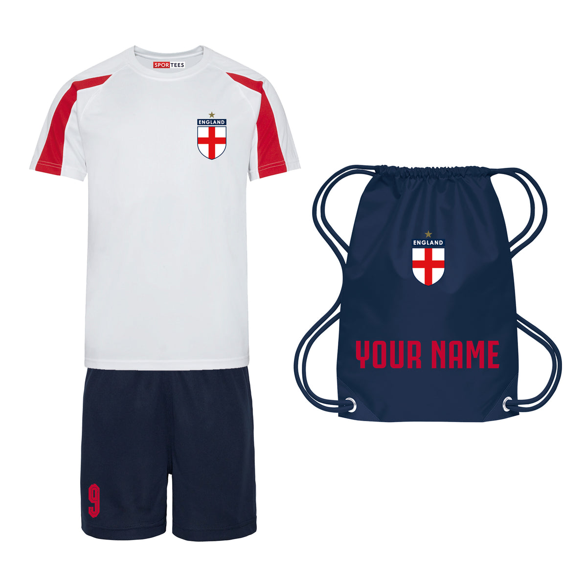 Personalised England Style Contrast Red, White &amp; Blue Kit With Bag