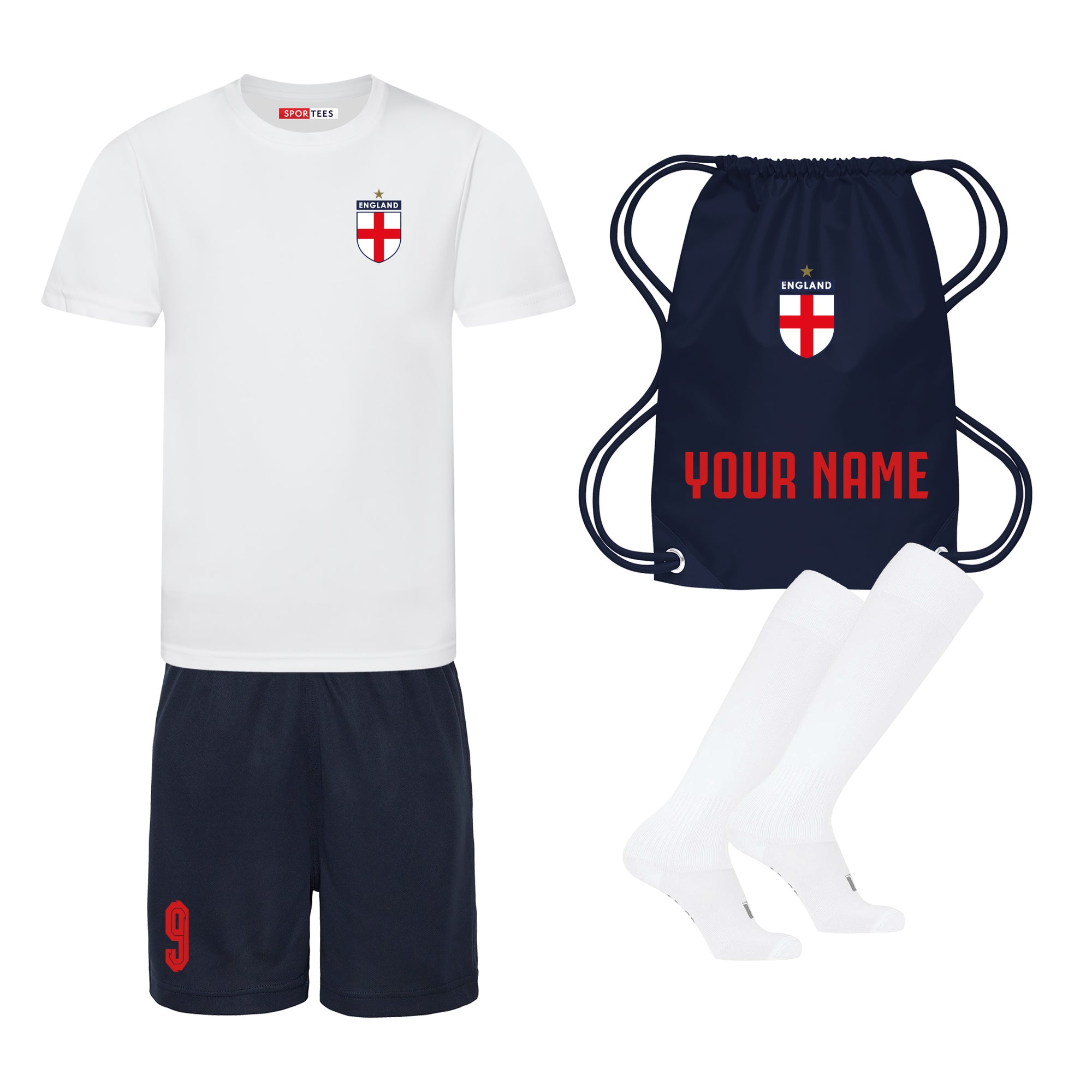 Personalised England Style White & Navy Home Kit Bundle With Socks & Bag