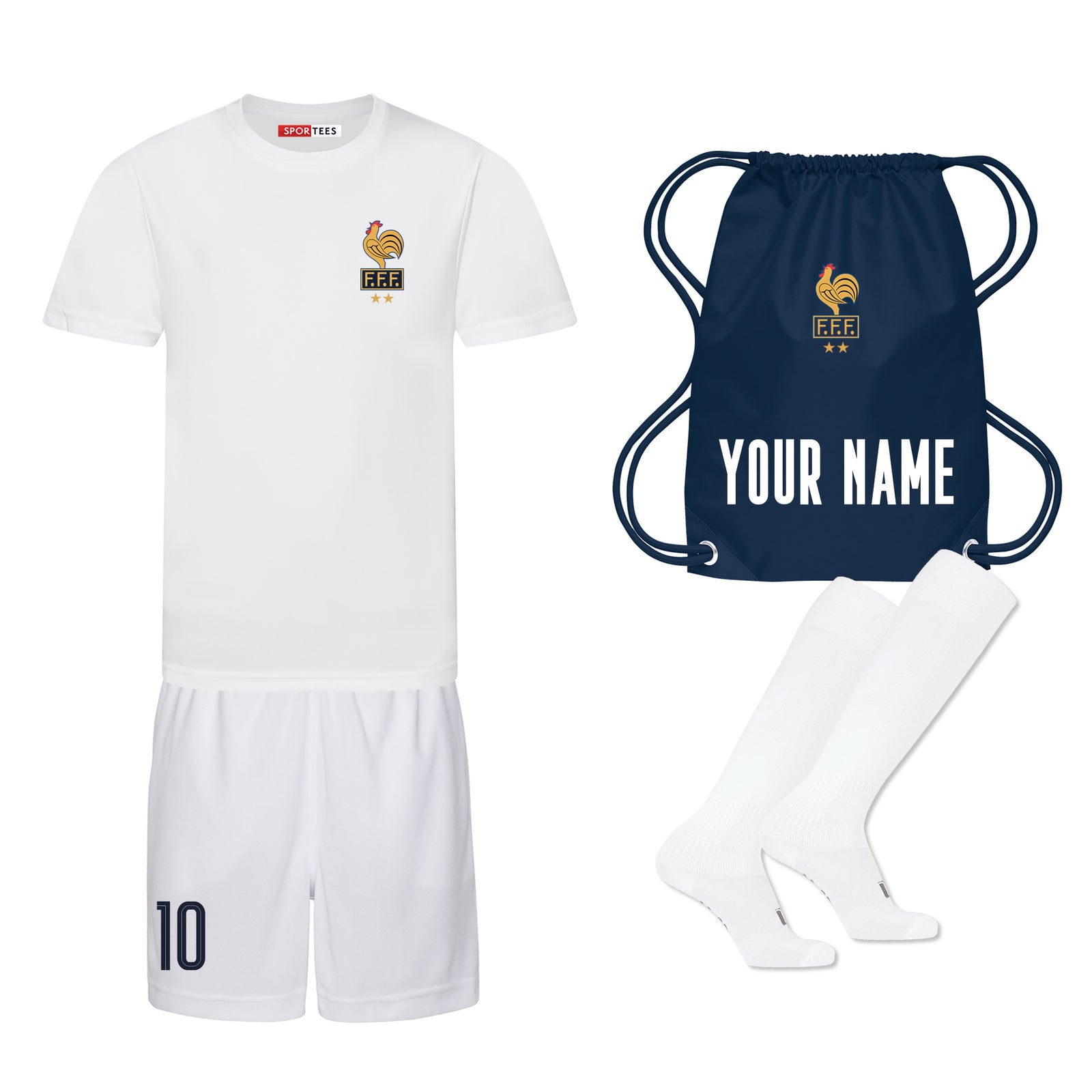 Personalised France Style All White Away Bundle With Socks & Bag