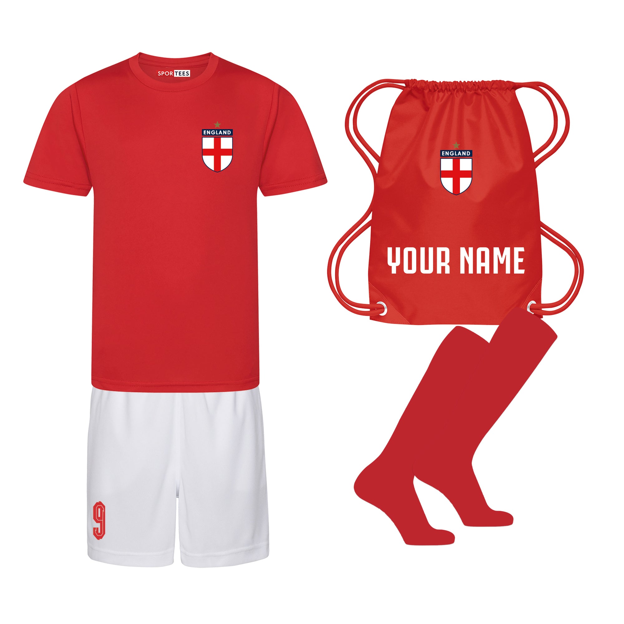 Personalised England Style Red & White Away Kit Bundle With Socks & Bag