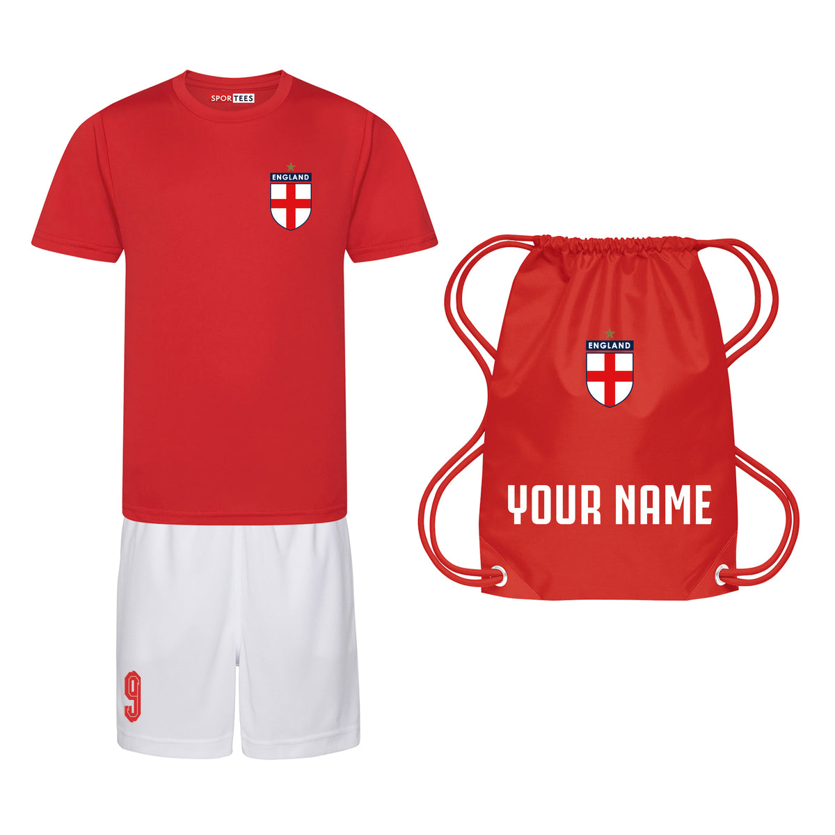 Personalised England Style Red &amp; White Away Kit With Bag