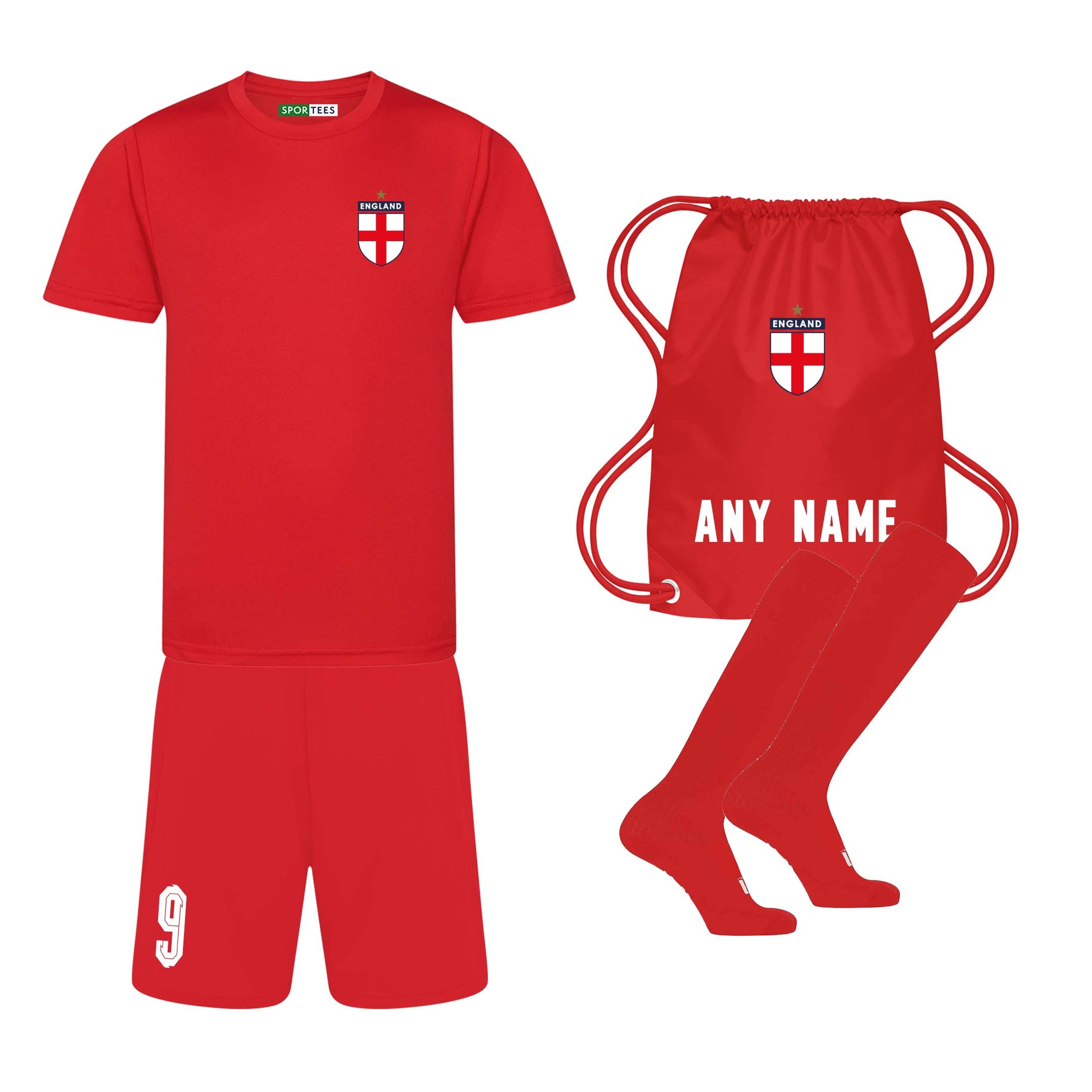 Personalised England Style All Red Bundle With Socks & Bag