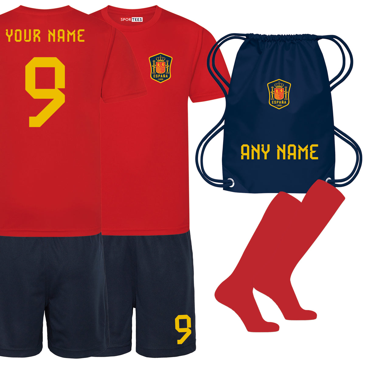 Personalised Childrens Spain Cup Style Red &amp; Blue Home Bundle With Socks &amp; Bag