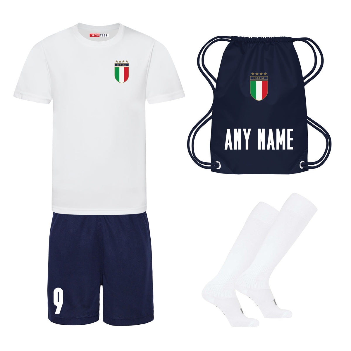 Personalised Italy Style White &amp; Navy Away Bundle With Socks &amp; Bag
