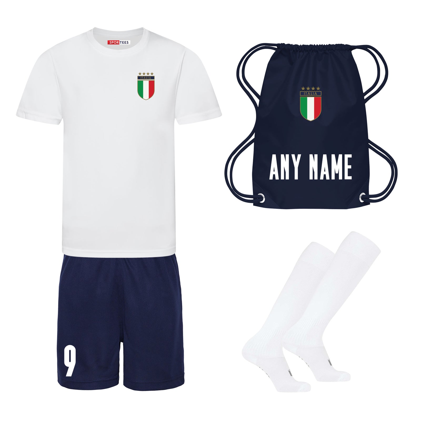 Personalised Italy Style White & Navy Away Bundle With Socks & Bag