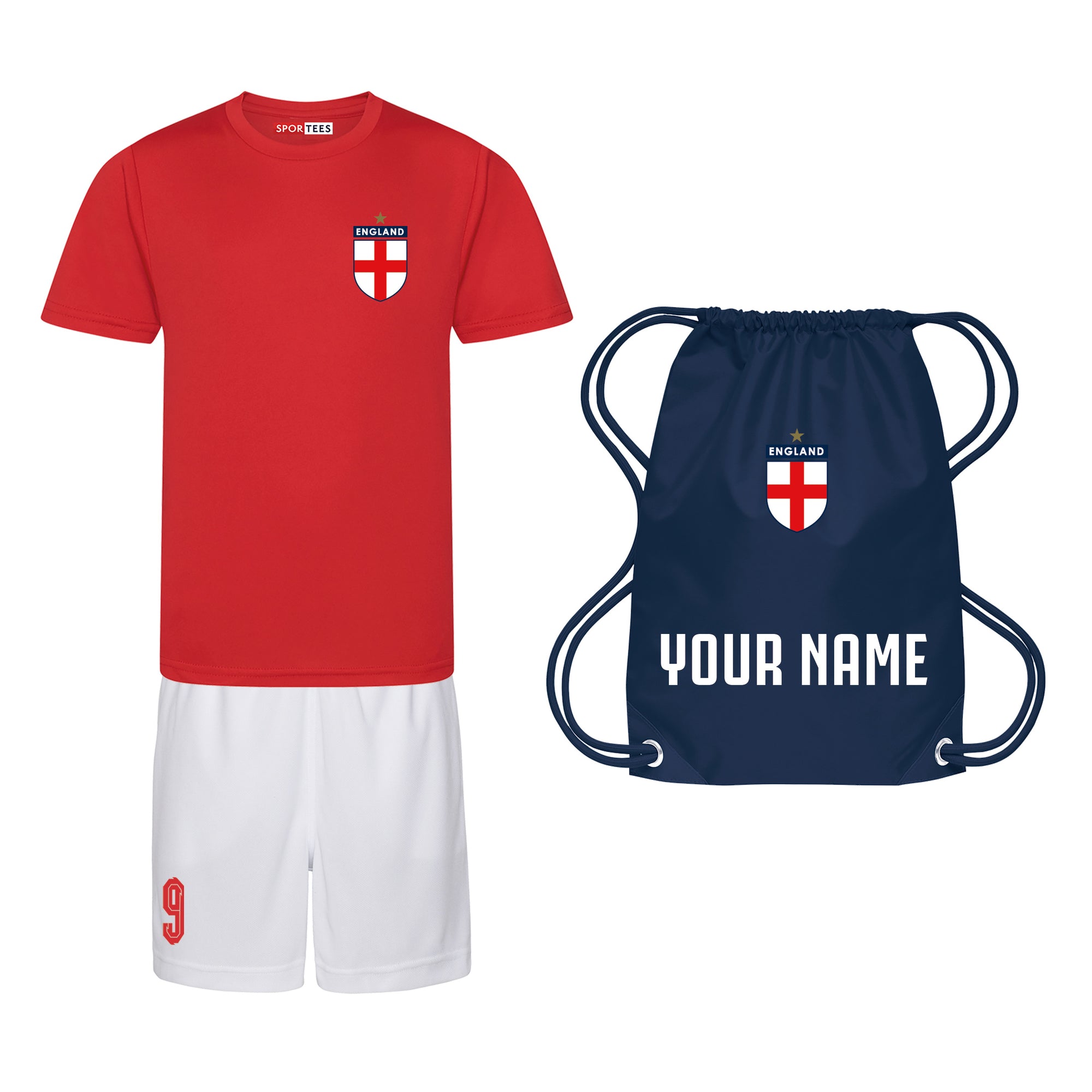Personalised England Style Red, White & Blue Kit With Bag